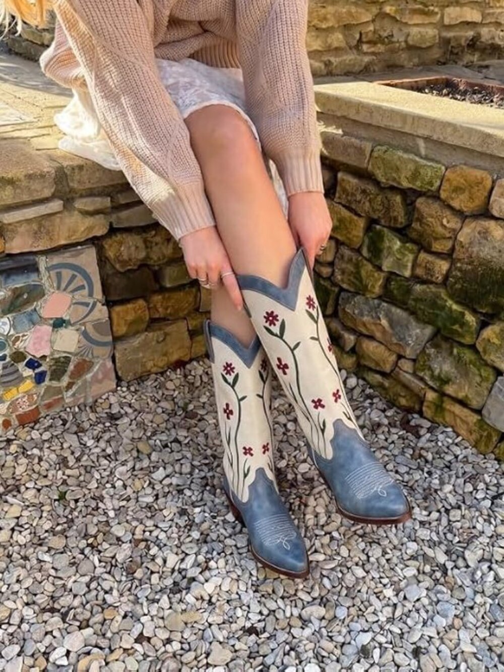 Women's Blue Faux Leather Floral Embroidered Cowgirl Knee High Western Heel Boot